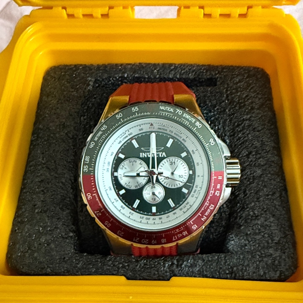 Invicta Chronograph Watch with Red and Silver Tones